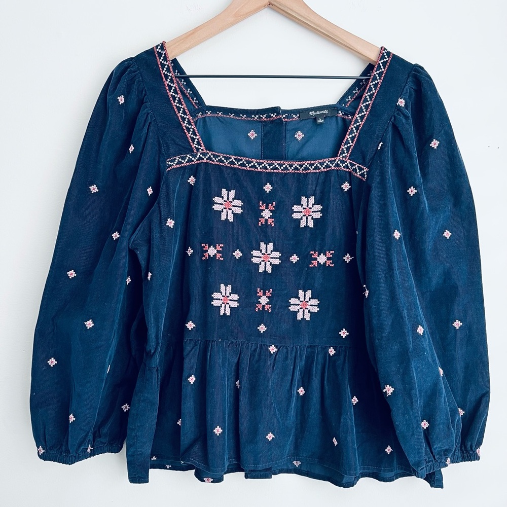 Madewell navy blue floral Embroidery Corduroy Peplum Top long sleeve L